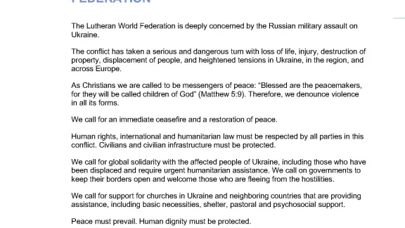 Ukraine - Statement from the Lutheran World Federation